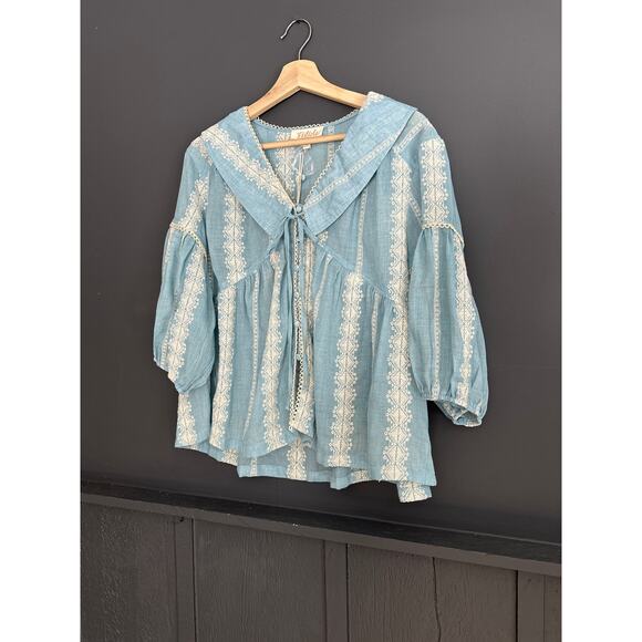 Listicle Head in the Clouds Embroidered Button Front Blouse Top Blue NEW Large - Picture 11 of 12
